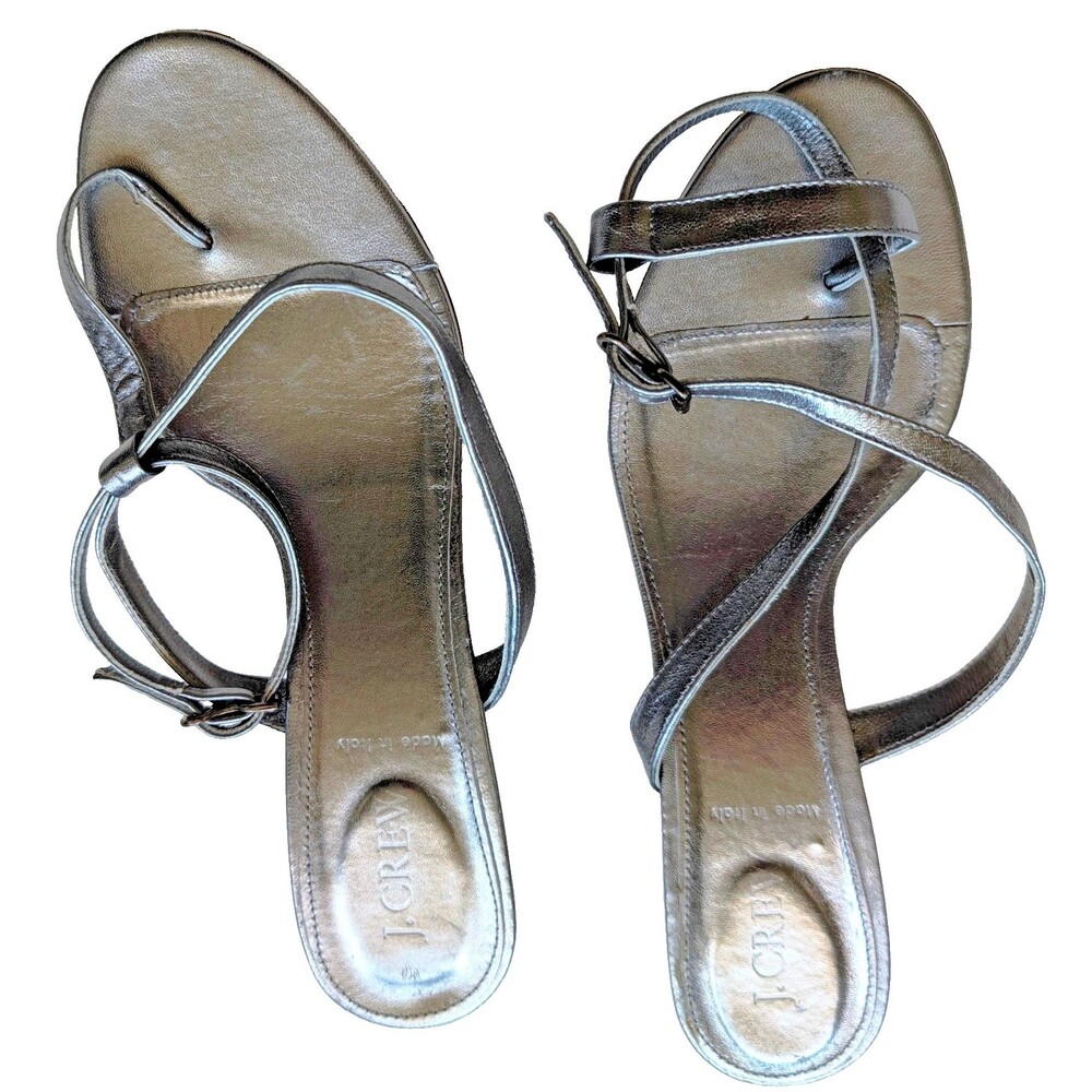 J.Crew Metallic Silver Leather Kitten Heel Sandals Made in Italy Sz 8.5 85326